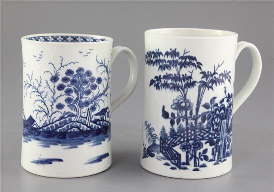 A Worcester Rock Strata Island pattern blue and white mug, and a plantation print pattern blue and white mug